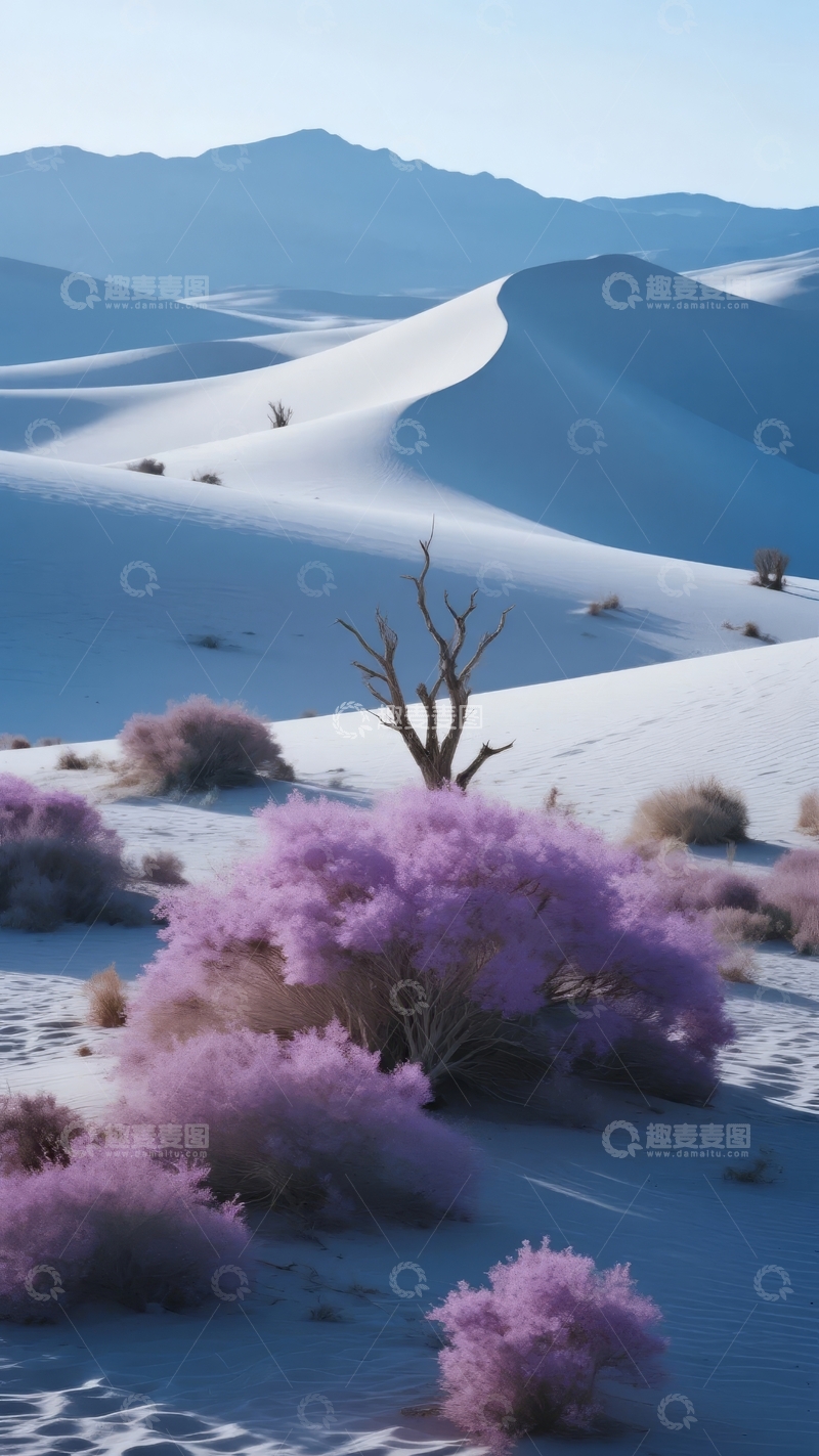高清大图下载【趣麦麦图】沙漠沙丘与紫色植被在山脉背景下的宁静景象
