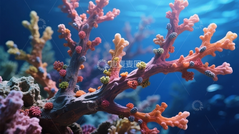 高清大图下载【趣麦麦图】色彩斑斓的珊瑚在深蓝色海洋中绽放生机