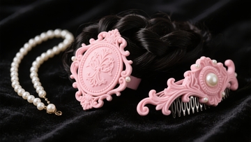 粉色复古发饰与珍珠项链优雅搭配