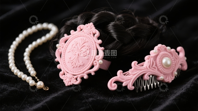 高清大图下载【趣麦麦图】粉色复古发饰与珍珠项链优雅搭配