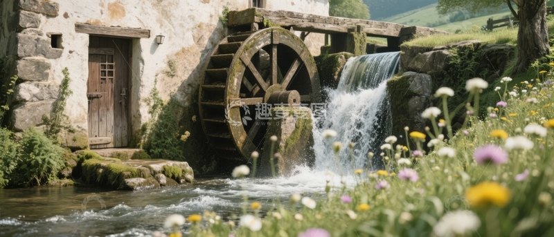 高清大图下载【趣麦麦图】石砌水车旁的溪流与野花盛开的乡村景色