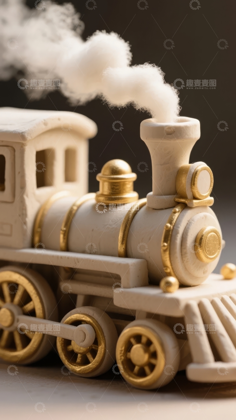 高清大图下载【趣麦麦图】白色蒸汽火车模型喷出白色烟雾