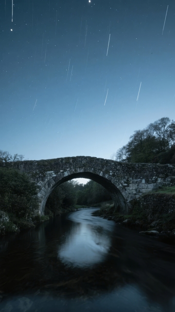 夜空流星划过石桥下的宁静河流