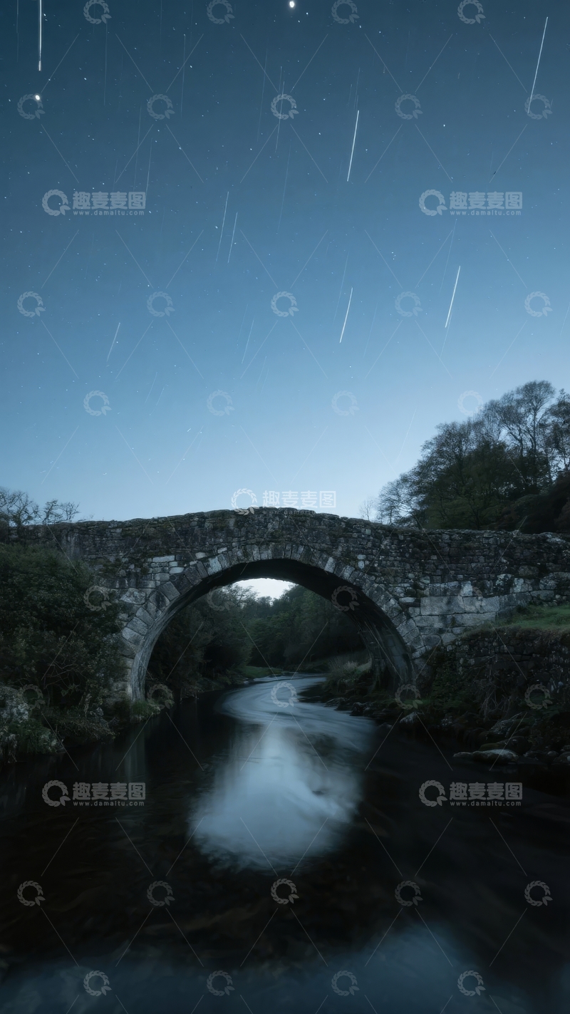 高清大图下载【趣麦麦图】夜空流星划过石桥下的宁静河流