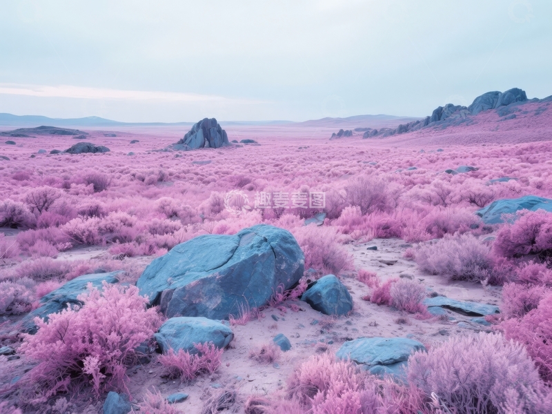高清大图下载【趣麦麦图】粉红色调荒漠景观岩石与植被交织的奇幻场景