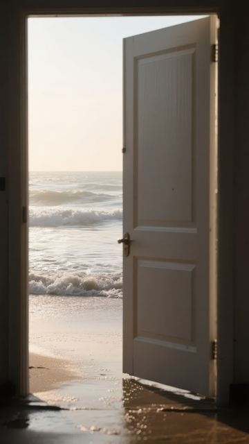 敞开的门通向海边日出
