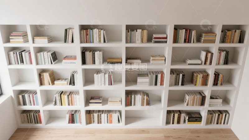 高清大图下载【趣麦麦图】白色书架墙排列整齐摆放着各类书籍