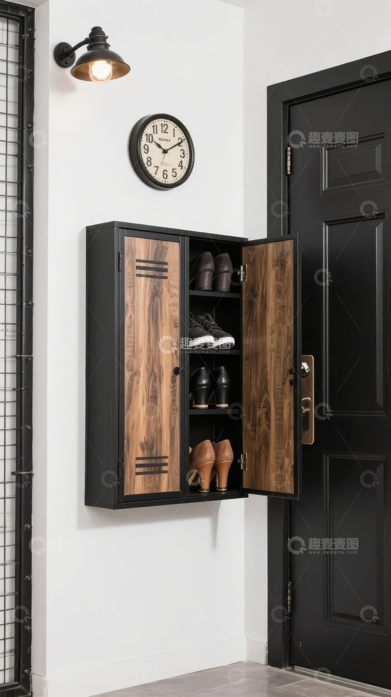 高清大图下载【趣麦麦图】玄关墙上的木质鞋柜打开展示多双鞋子