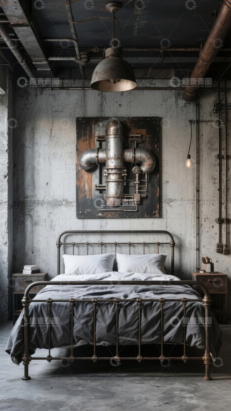 高清大图下载【趣麦麦图】工业风卧室以混凝土墙和金属管道艺术装饰