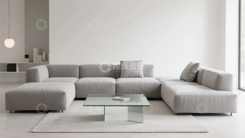 高清大图下载【趣麦麦图】现代简约风格客厅配备灰色组合沙发和玻璃茶几