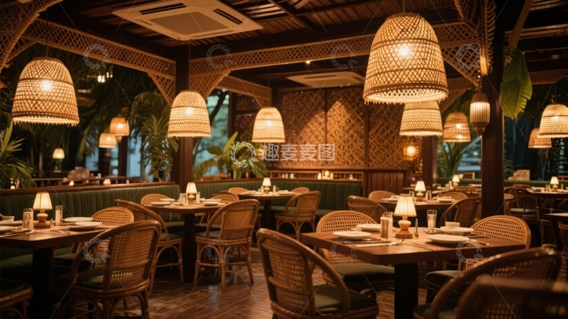 高清大图下载【趣麦麦图】温馨灯光下的餐厅内部设有木质桌椅和编织吊灯