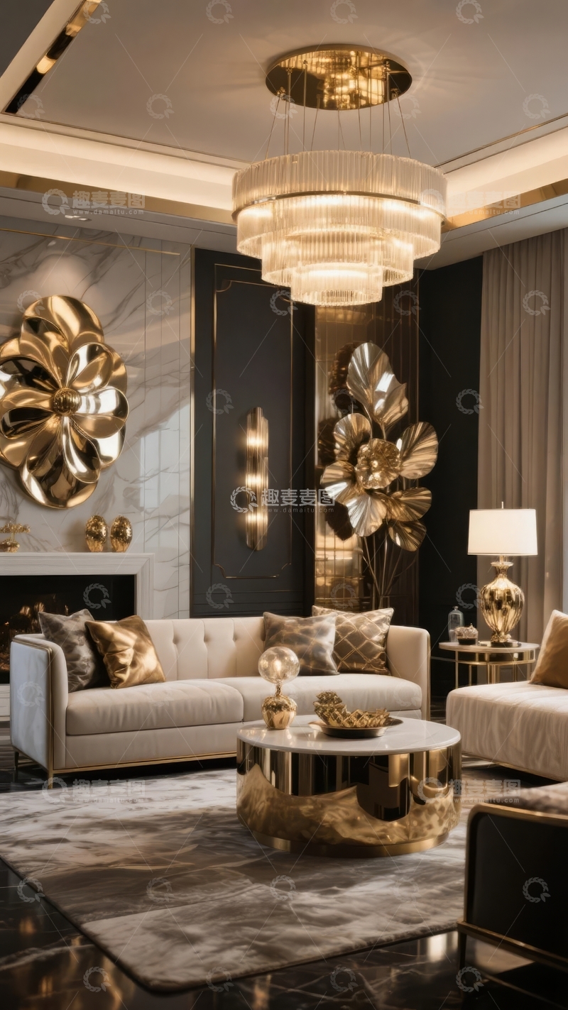 高清大图下载【趣麦麦图】豪华客厅装饰以金色元素和现代吊灯