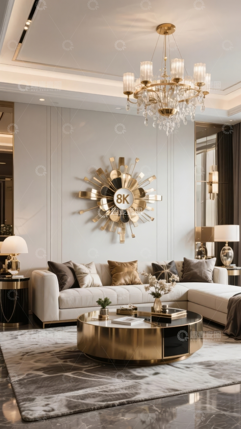 高清大图下载【趣麦麦图】豪华客厅装饰以金色吊灯和艺术墙面装饰为主