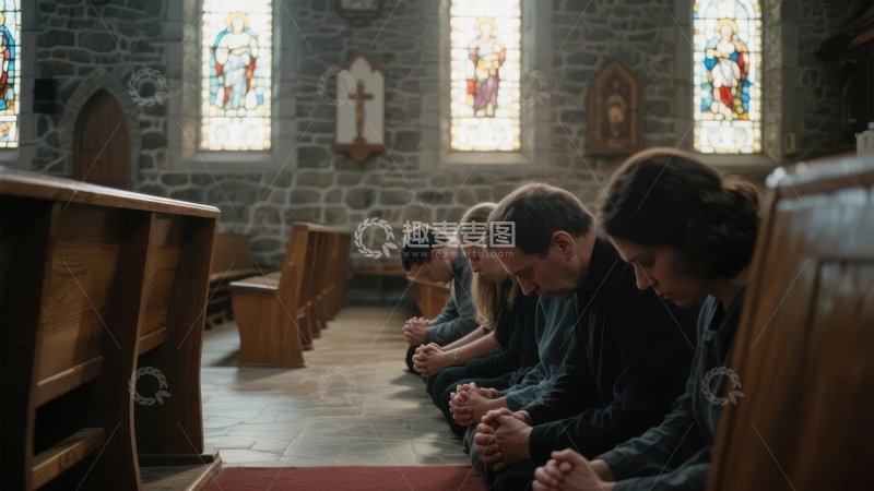高清大图下载【趣麦麦图】教堂内众人低头祈祷光线透过彩色玻璃窗