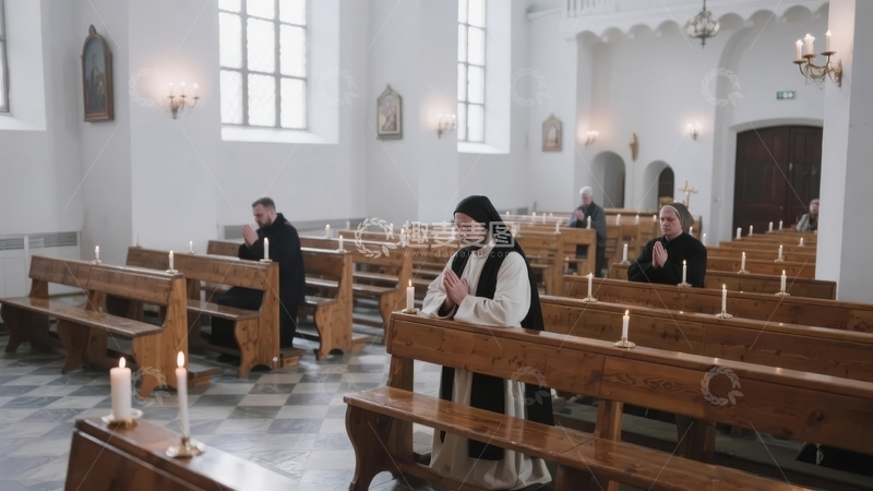 高清大图下载【趣麦麦图】教堂内信徒祈祷场景木质长椅与烛光