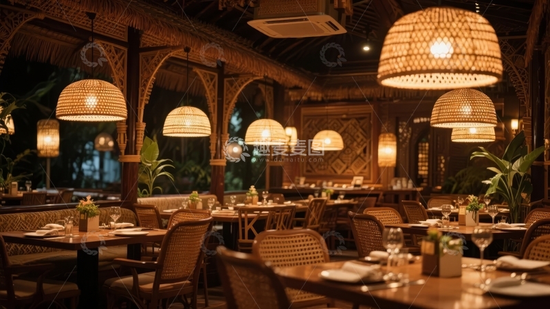 高清大图下载【趣麦麦图】温馨灯光下的餐厅内部场景