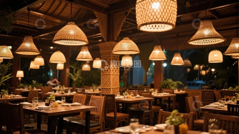 高清大图下载【趣麦麦图】夜晚灯光下的餐厅内部场景摆设整齐