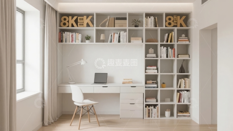 高清大图下载【趣麦麦图】现代简约风格的书房配有书架和办公桌