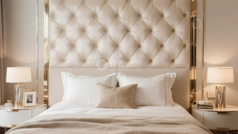 高清大图下载【趣麦麦图】豪华卧室床头背景墙设计配以精致床品和台灯