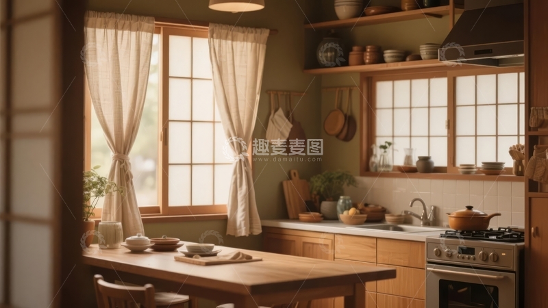 高清大图下载【趣麦麦图】日式风格厨房内木质家具与明亮窗户的温馨场景