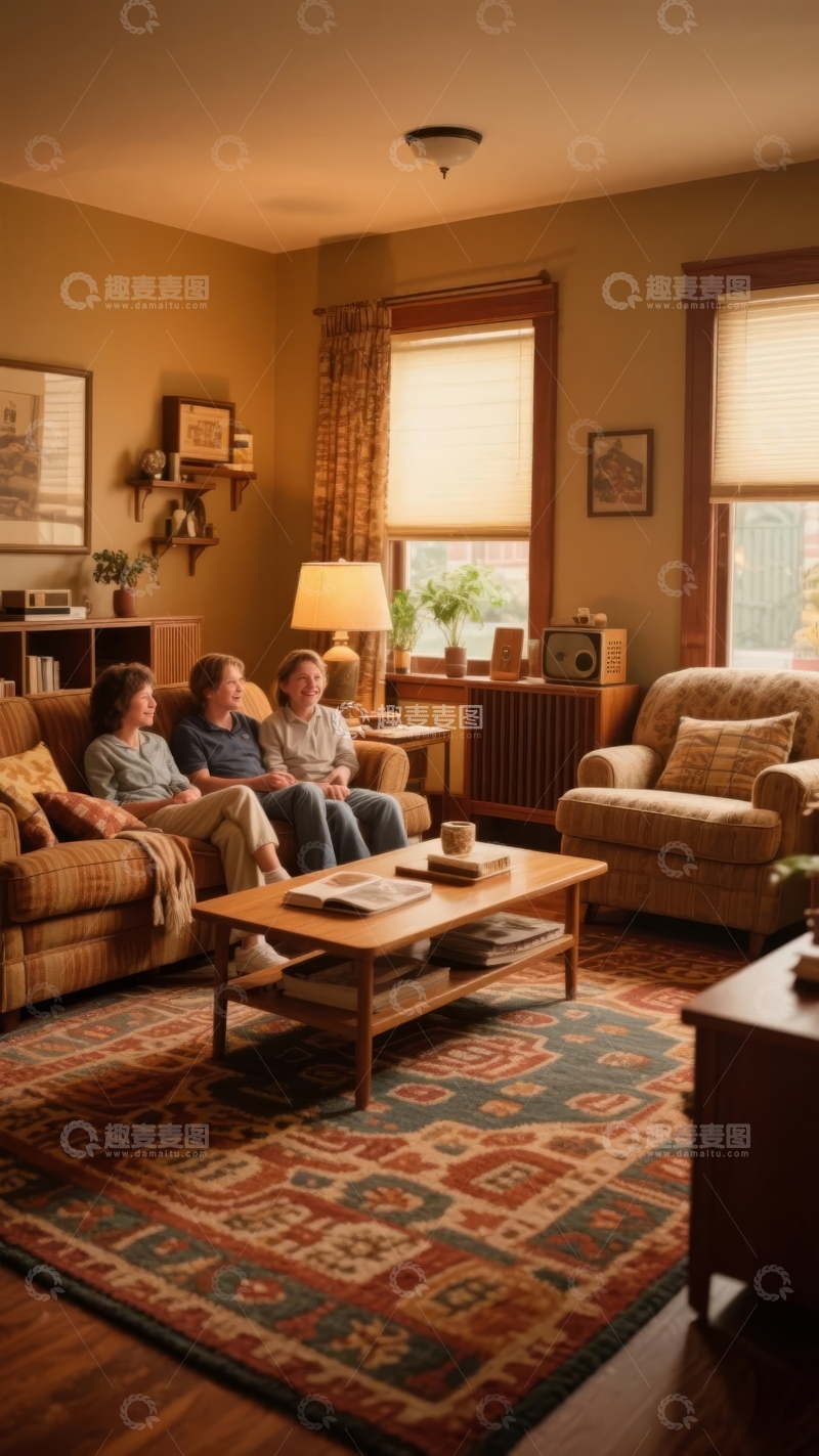 高清大图下载【趣麦麦图】三人坐在温馨客厅沙发上休息