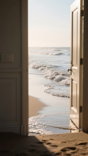 敞开的门通向海边沙滩与波浪