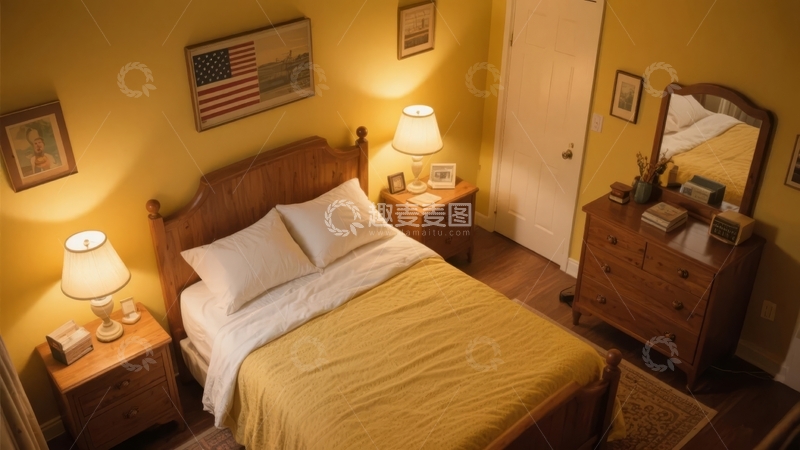 高清大图下载【趣麦麦图】温馨卧室一角摆放着木质床和梳妆台