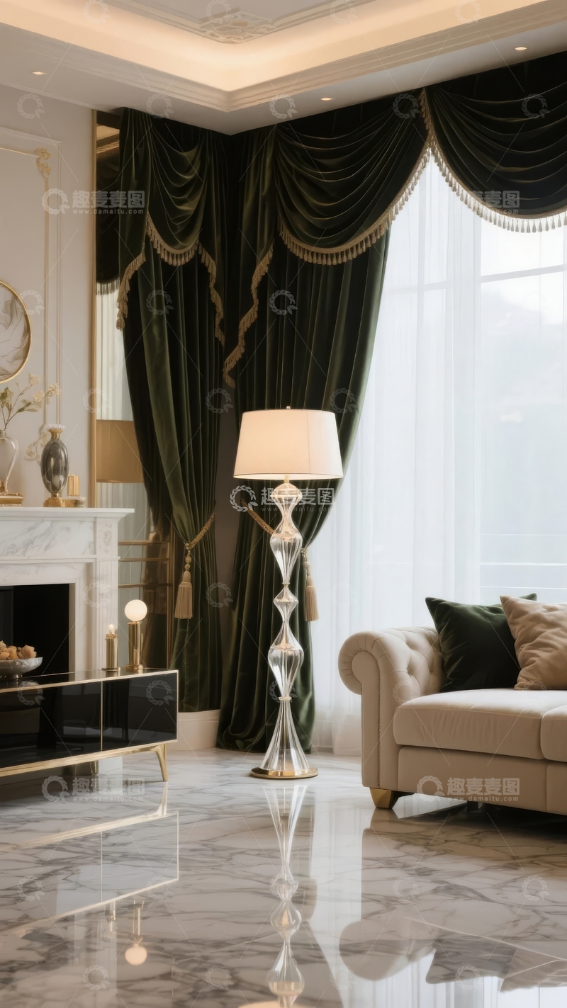 高清大图下载【趣麦麦图】豪华客厅一角深绿色窗帘与水晶落地灯相映成趣