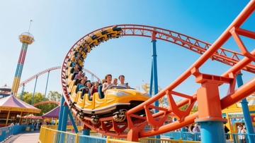 游客在游乐园乘坐黄色过山车体验刺激