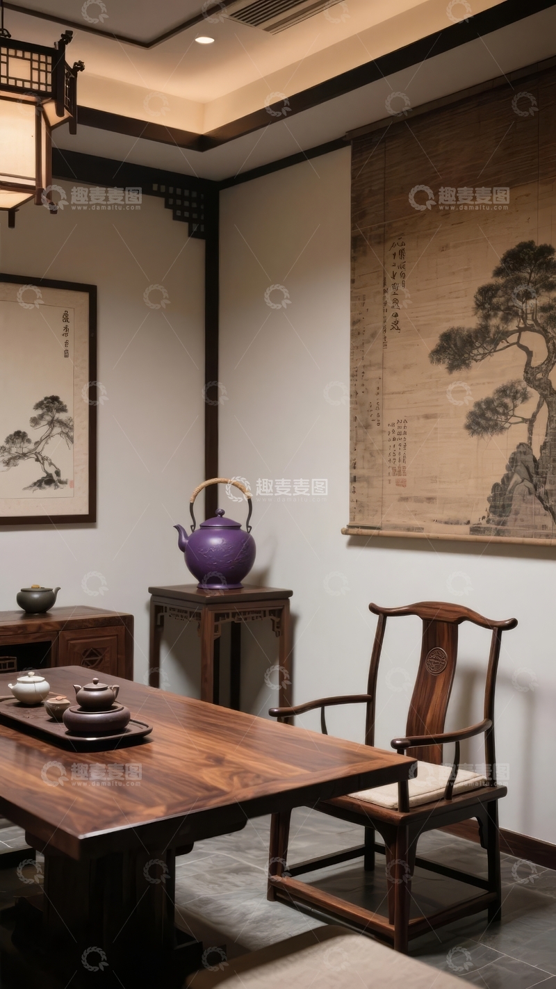高清大图下载【趣麦麦图】中式茶室一角陈设典雅茶壶与书画相映成趣