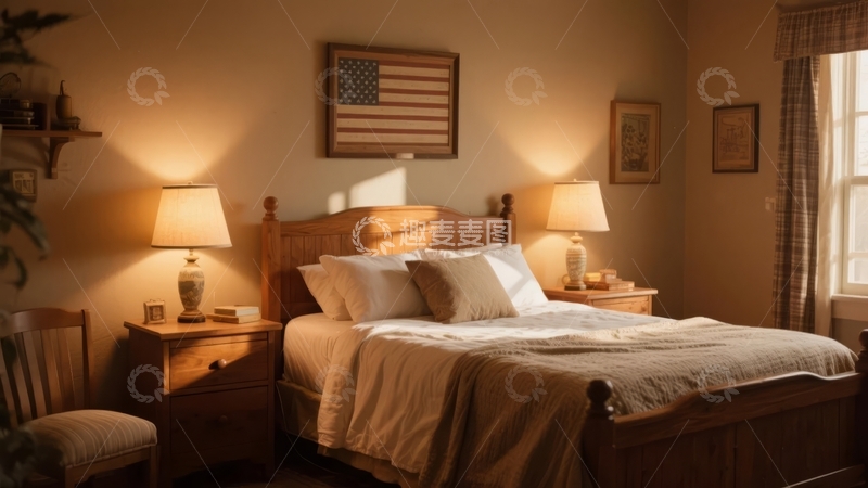 高清大图下载【趣麦麦图】温馨卧室晨光中美国国旗装饰床头