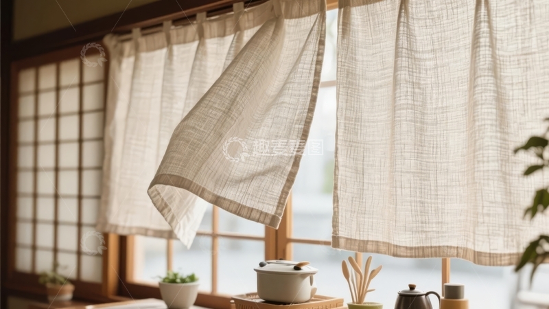 高清大图下载【趣麦麦图】窗边轻柔窗帘与简约日式茶具摆设