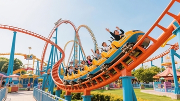 游乐园中人们乘坐过山车体验刺激与欢乐