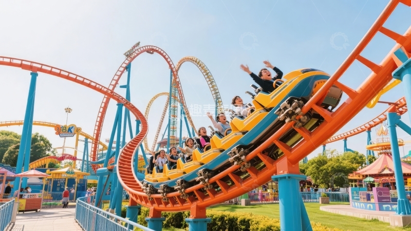 高清大图下载【趣麦麦图】游乐园中人们乘坐过山车体验刺激与欢乐
