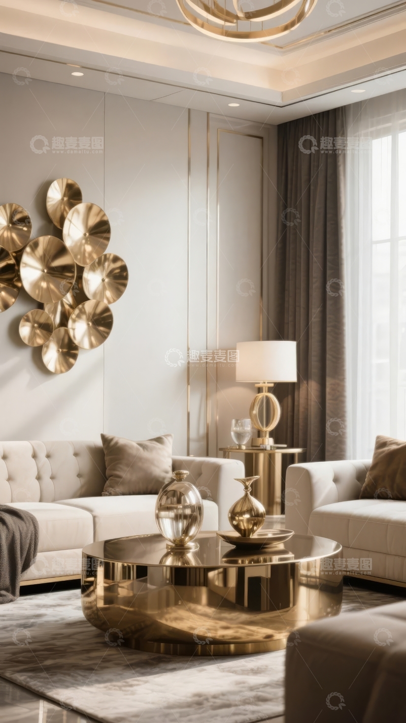 高清大图下载【趣麦麦图】现代奢华客厅装饰金色艺术壁饰与舒适沙发