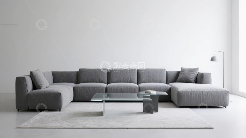 高清大图下载【趣麦麦图】现代简约风格客厅摆放灰色L型沙发和玻璃茶几