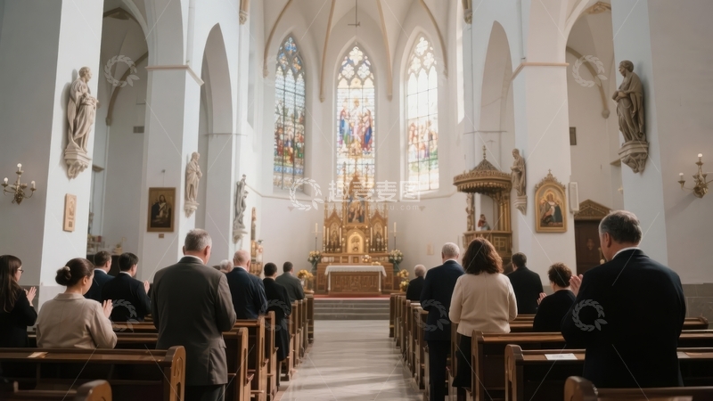 高清大图下载【趣麦麦图】教堂内信徒们在彩色玻璃窗前祈祷的场景