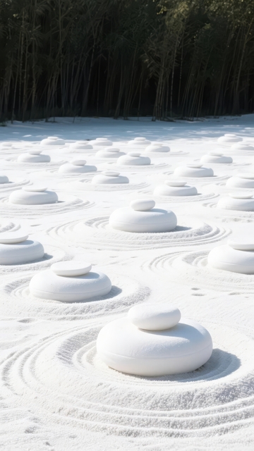 白色石堆排列于沙地形成禅意景观
