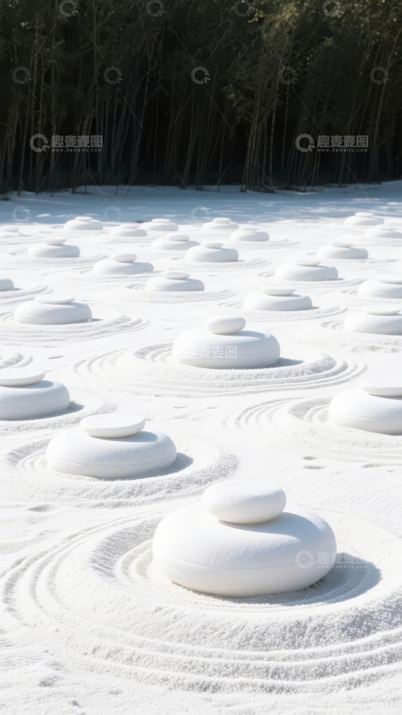 高清大图下载【趣麦麦图】白色石堆排列于沙地形成禅意景观