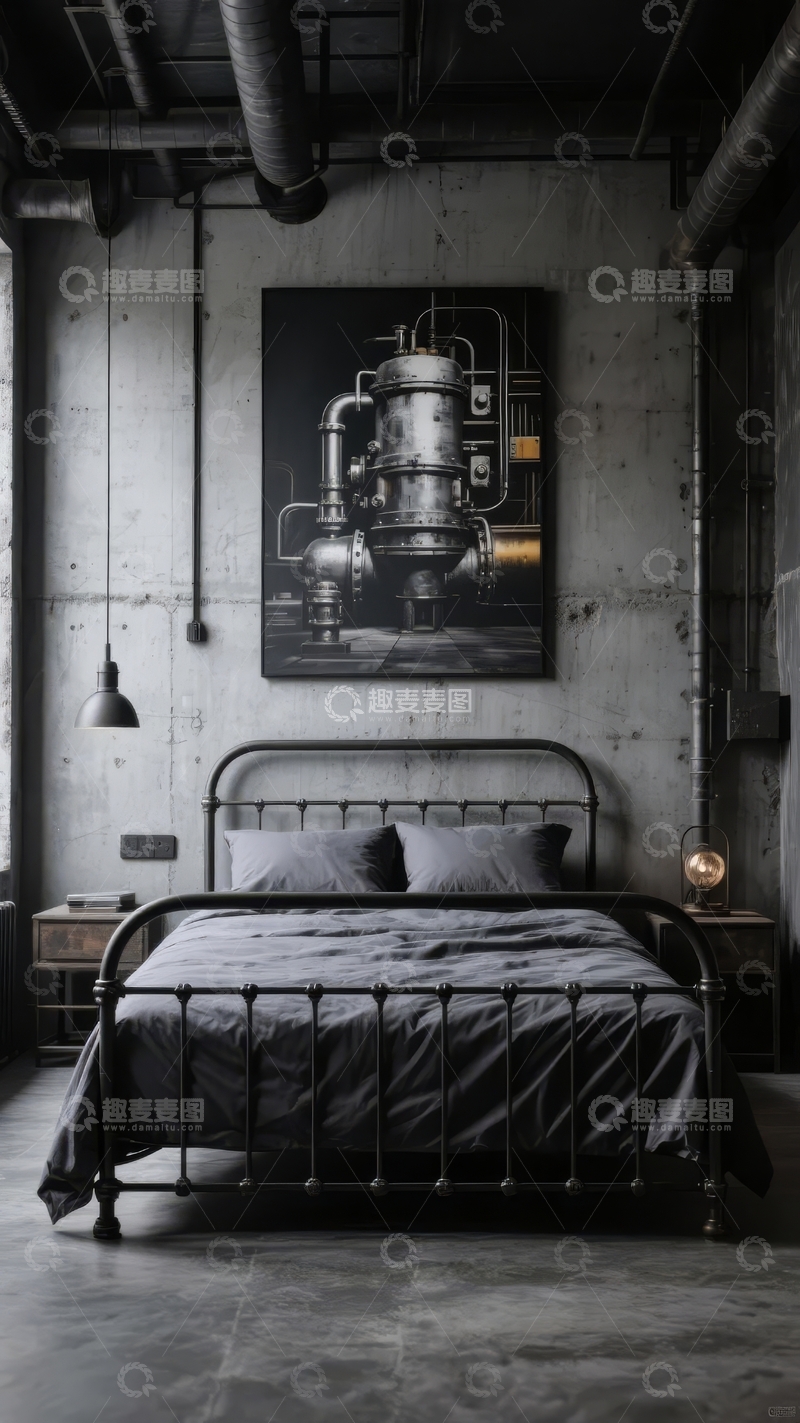 高清大图下载【趣麦麦图】工业风卧室以混凝土墙和机械艺术画为特色