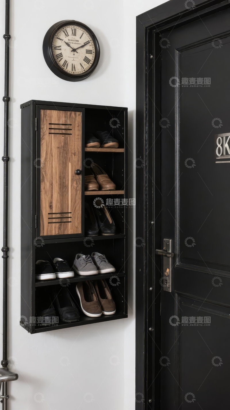 高清大图下载【趣麦麦图】现代简约风格玄关墙面储物柜与黑色门