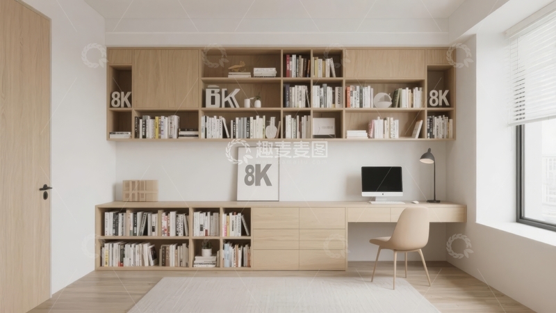 高清大图下载【趣麦麦图】现代简约风格的书房设计书架与书桌组合