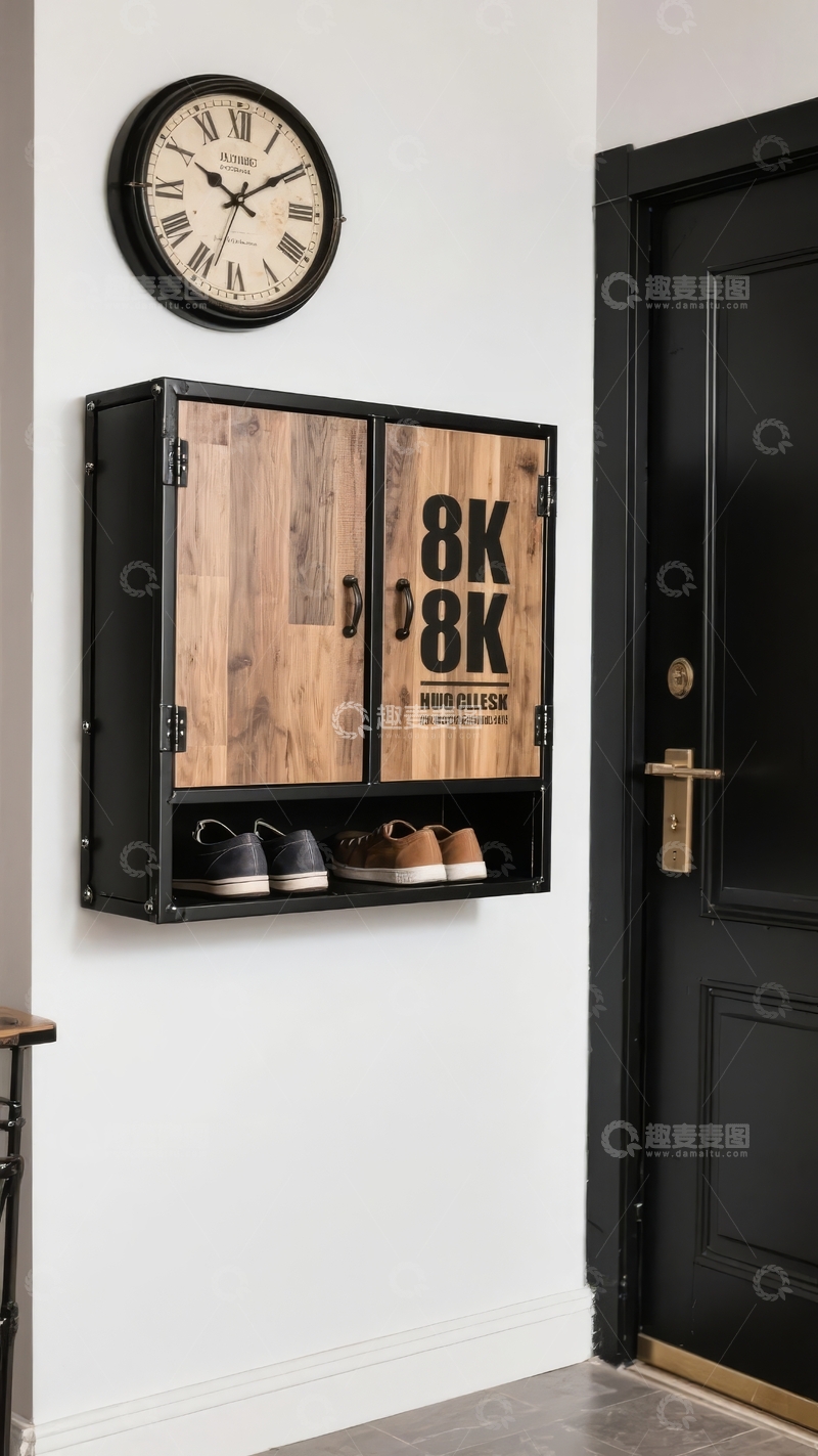 高清大图下载【趣麦麦图】-现代简约风格玄关墙面装饰挂钟与木质储物柜