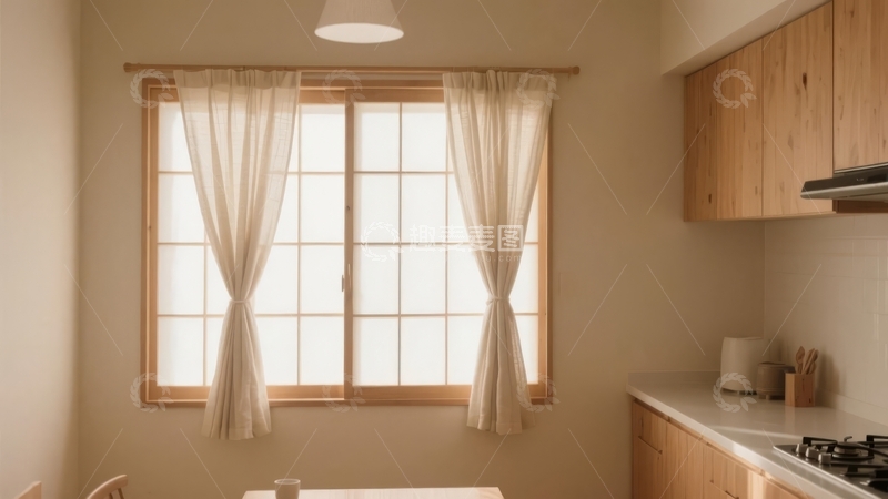 高清大图下载【趣麦麦图】明亮厨房角落窗户与木质橱柜的温馨场景