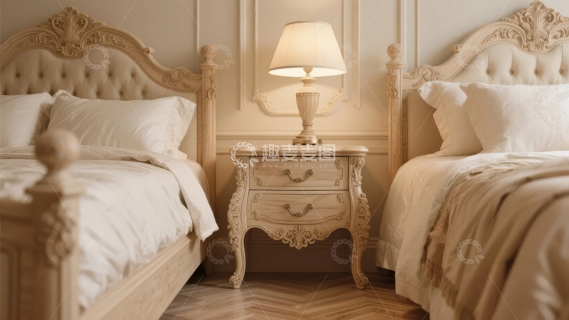 高清大图下载【趣麦麦图】典雅复古风格卧室两张雕花床与精致床头柜