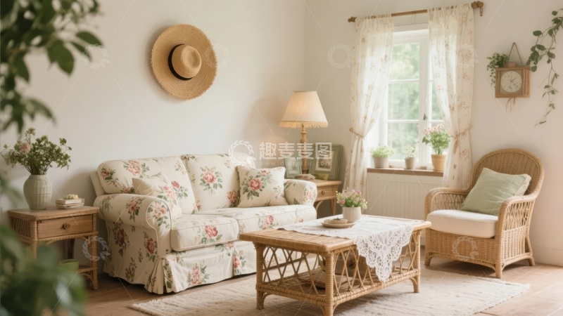 高清大图下载【趣麦麦图】温馨田园风格客厅布置有花卉沙发和藤制家具