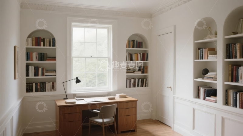 高清大图下载【趣麦麦图】典雅书房内书架环绕书桌窗明几净