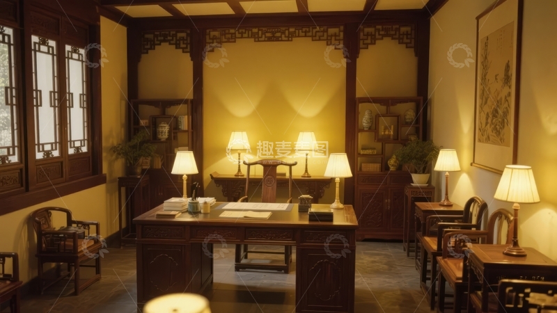 高清大图下载【趣麦麦图】中式古典风格书房内景陈设典雅温馨