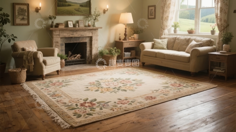 高清大图下载【趣麦麦图】温馨复古风格客厅内摆放着沙发和地毯