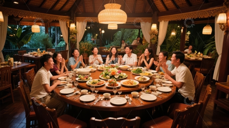 高清大图下载【趣麦麦图】多人围坐餐桌享用美食的温馨聚会场景